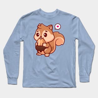 Cute Squirrel Eating Acorn Cartoon Long Sleeve T-Shirt